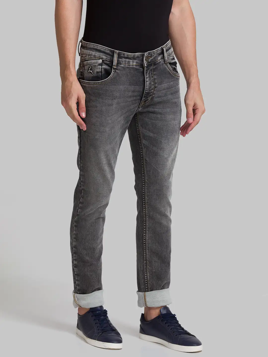 Men Black Slim Tapered Fit Plain Polyester Blend Jeans - Image 2