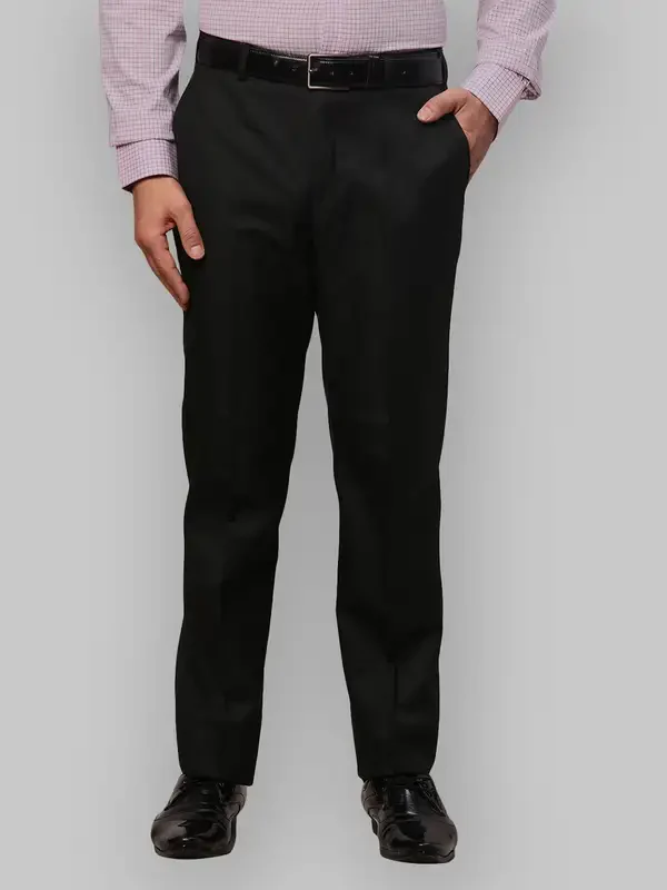 Men Black Smart Fit Solid Polyester Blend Trouser