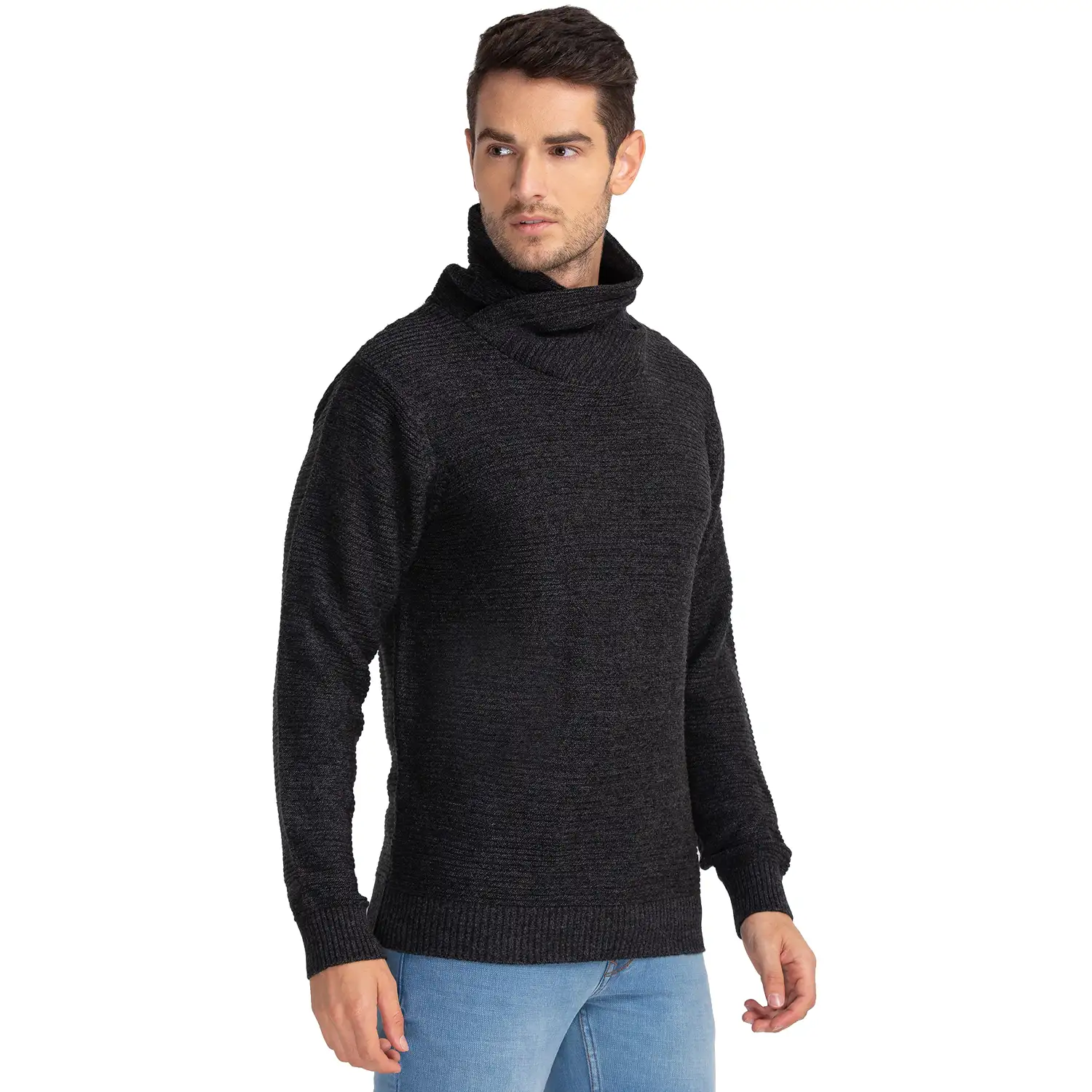 Men Black Solid Acrylic Cowl Neck Collar Sweaters - Image 2