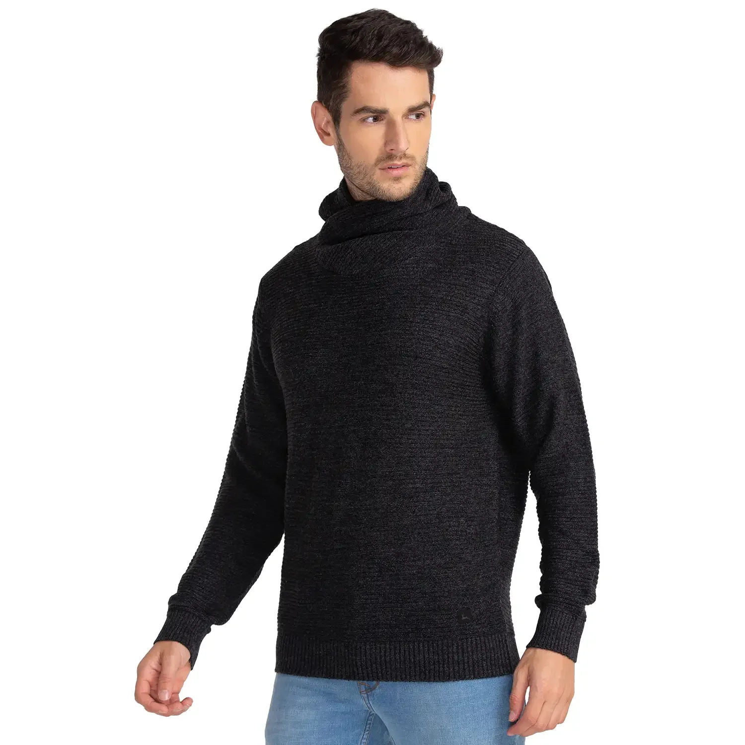 Men Black Solid Acrylic Cowl Neck Collar Sweaters - Image 3