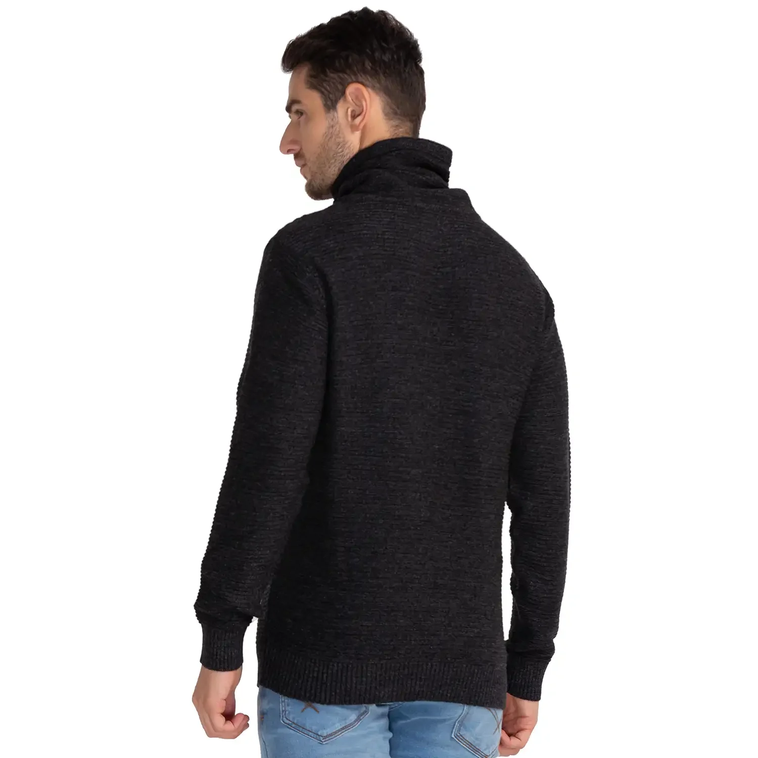 Men Black Solid Acrylic Cowl Neck Collar Sweaters - Image 4