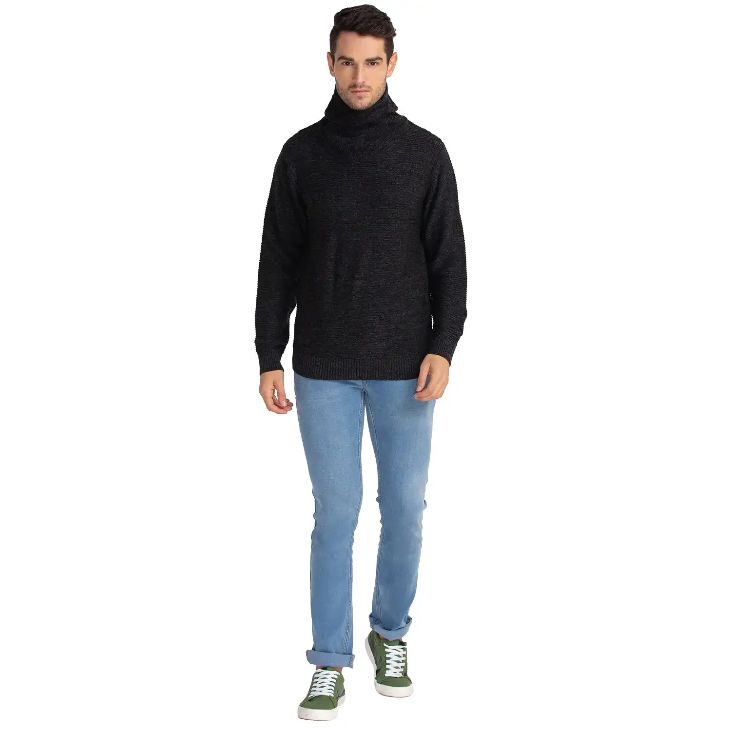 Men Black Solid Acrylic Cowl Neck Collar Sweaters - Image 5