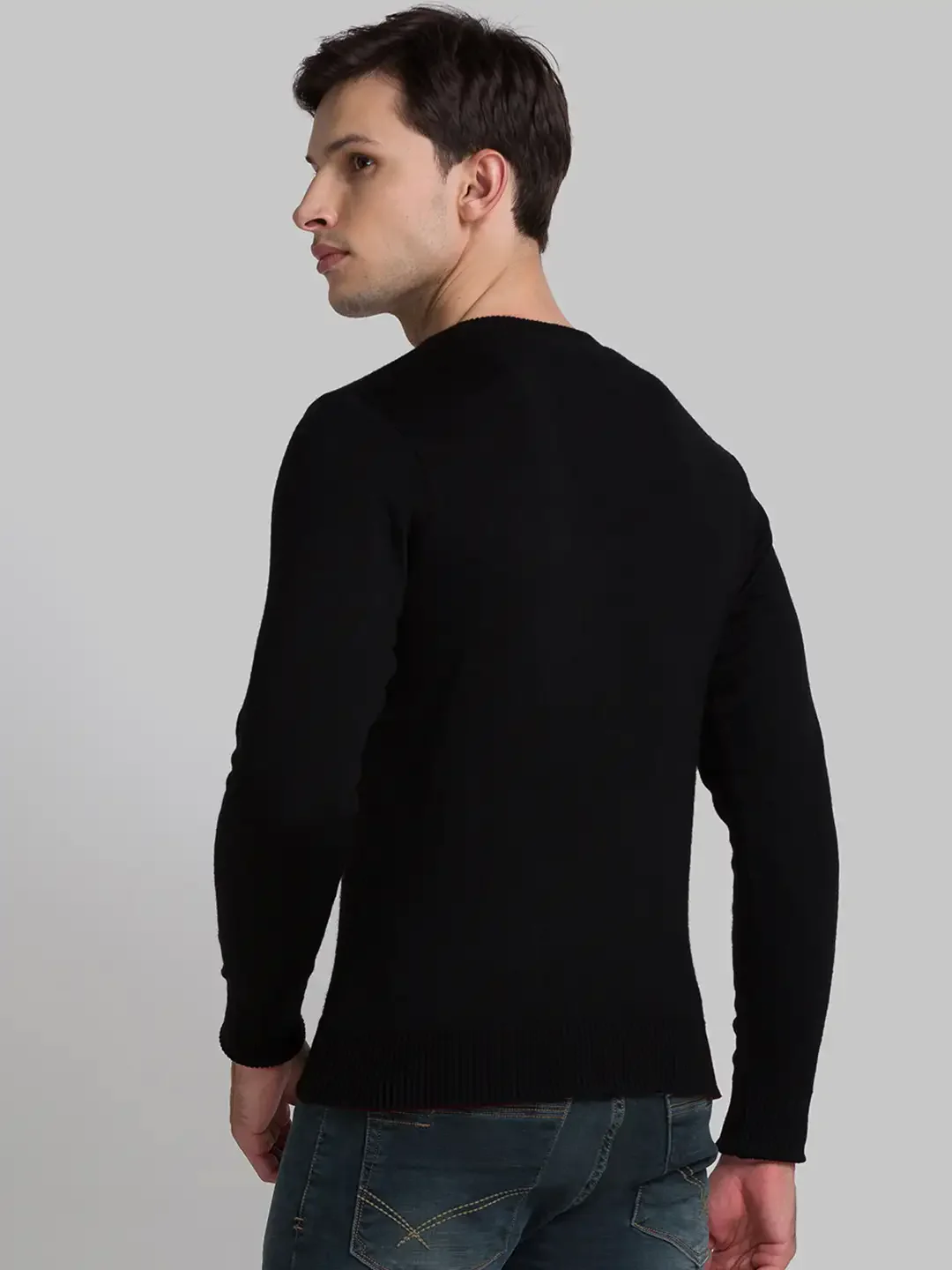 Men Black Solid Acrylic Full Sleeve Sweaters - Image 4