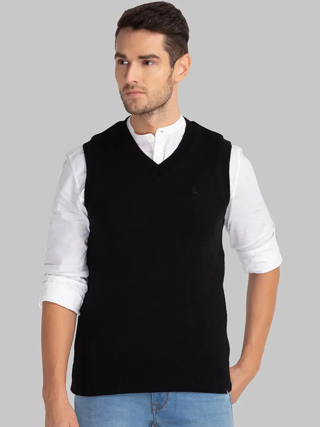 Men Black Solid Acrylic Sleeveless Sweaters