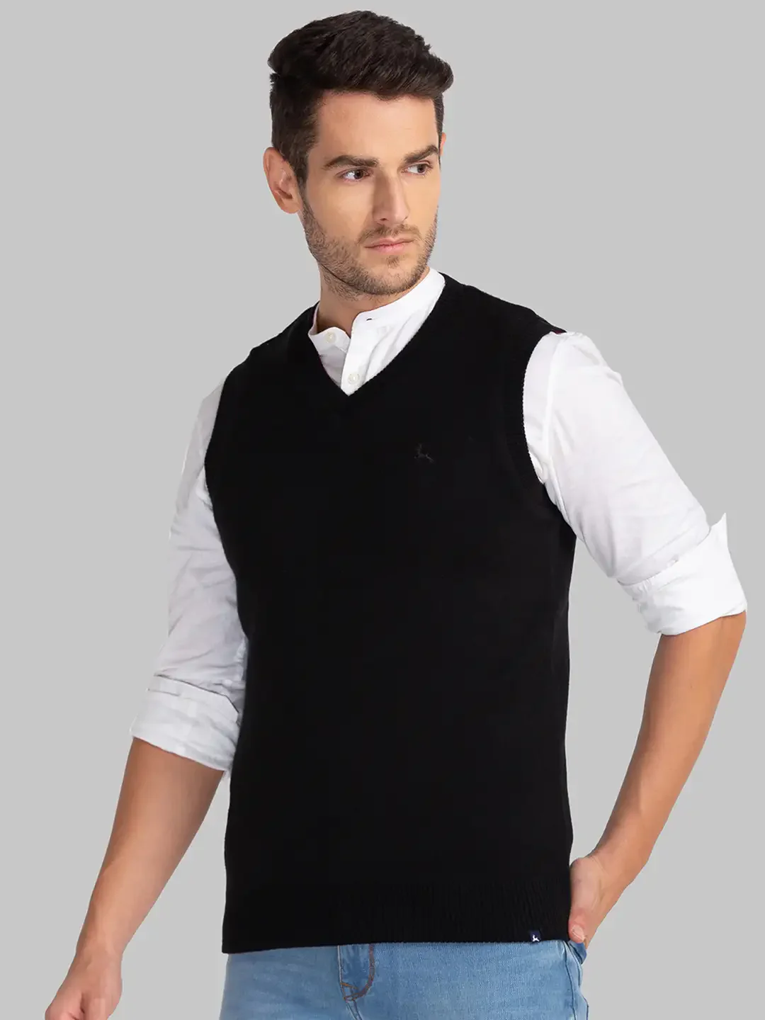 Men Black Solid Acrylic Sleeveless Sweaters - Image 3
