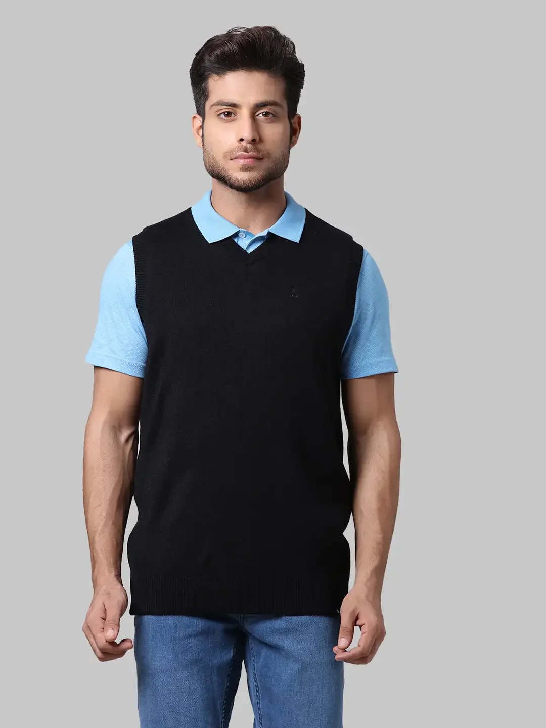 Men Black Solid Acrylic Sleeveless Sweaters