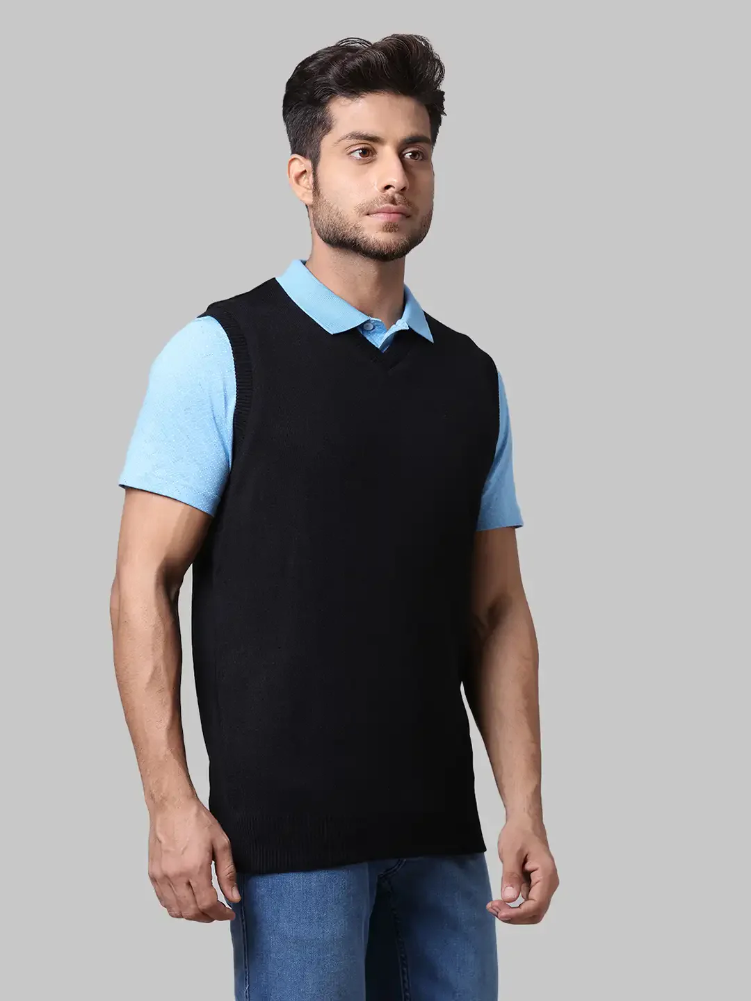 Men Black Solid Acrylic Sleeveless Sweaters - Image 2