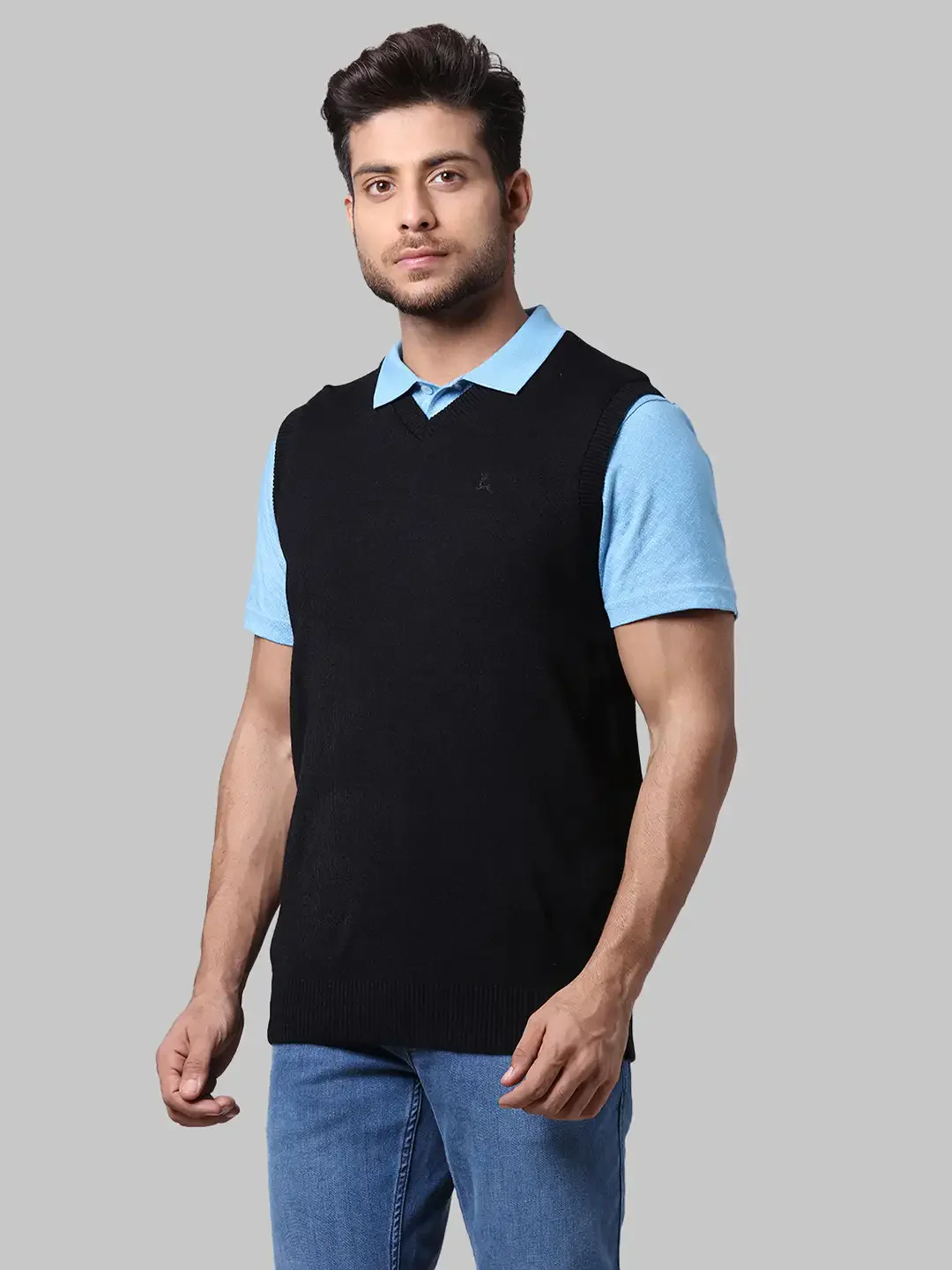 Men Black Solid Acrylic Sleeveless Sweaters - Image 3