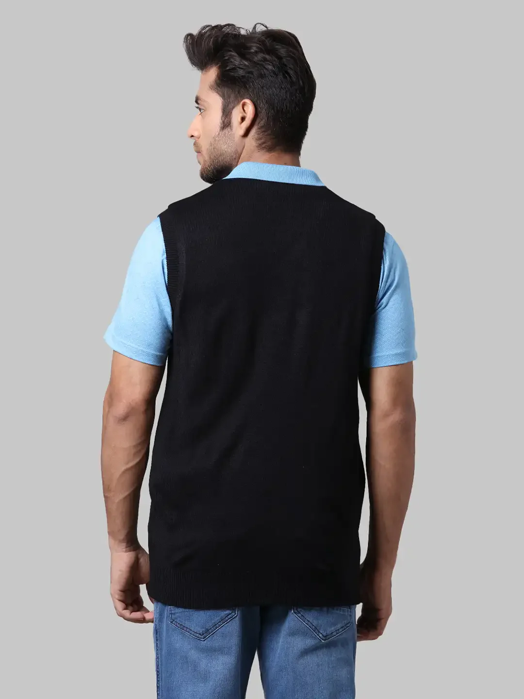 Men Black Solid Acrylic Sleeveless Sweaters - Image 4