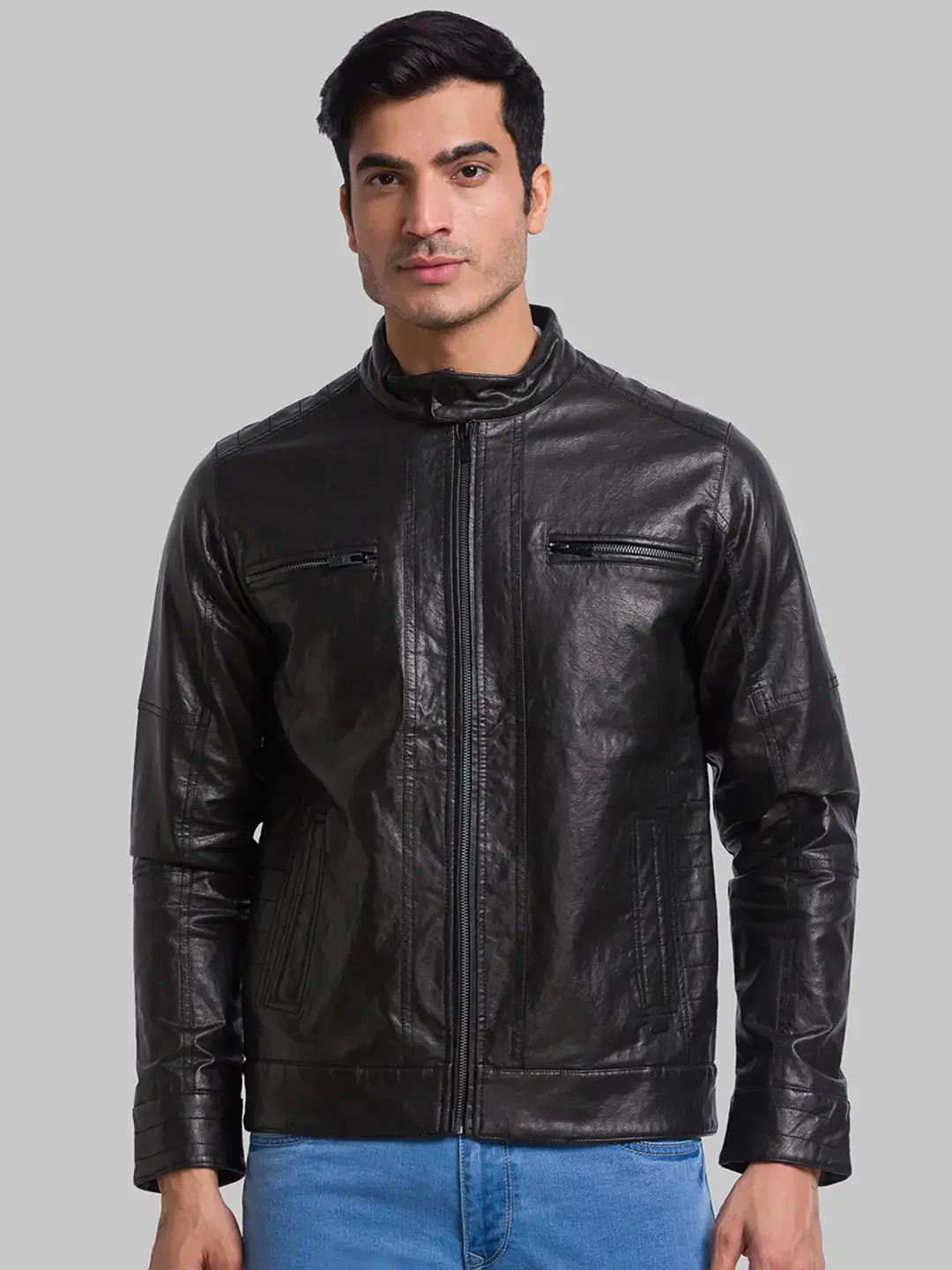Men Black Solid Poly Urathane Full Sleeve Jackets