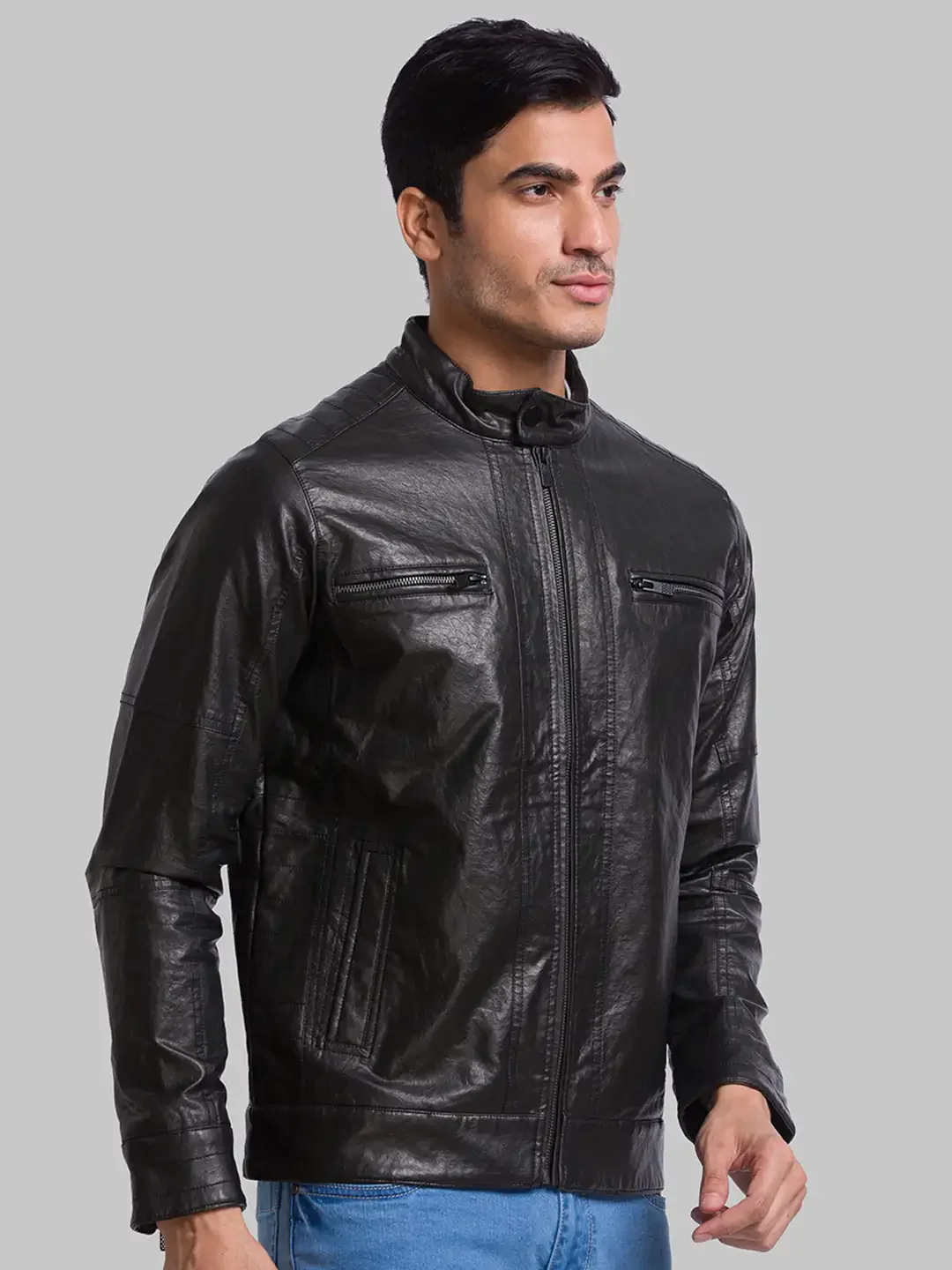 Men Black Solid Poly Urathane Full Sleeve Jackets - Image 2