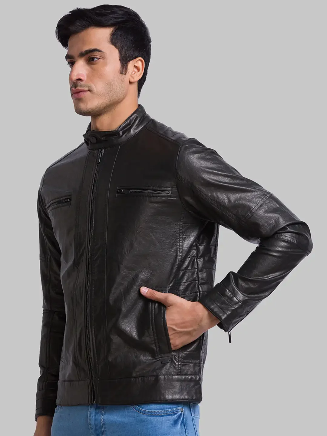 Men Black Solid Poly Urathane Full Sleeve Jackets - Image 3