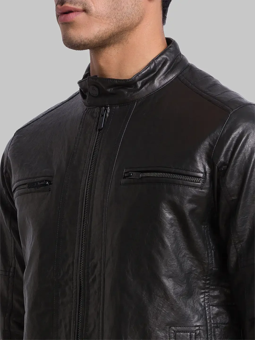 Men Black Solid Poly Urathane Full Sleeve Jackets - Image 6