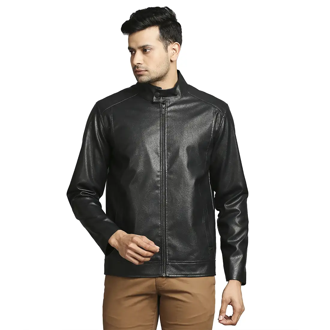 Men Black Solid Poly Urathane Full Sleeve Jackets