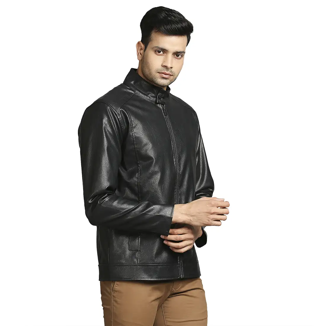 Men Black Solid Poly Urathane Full Sleeve Jackets - Image 2