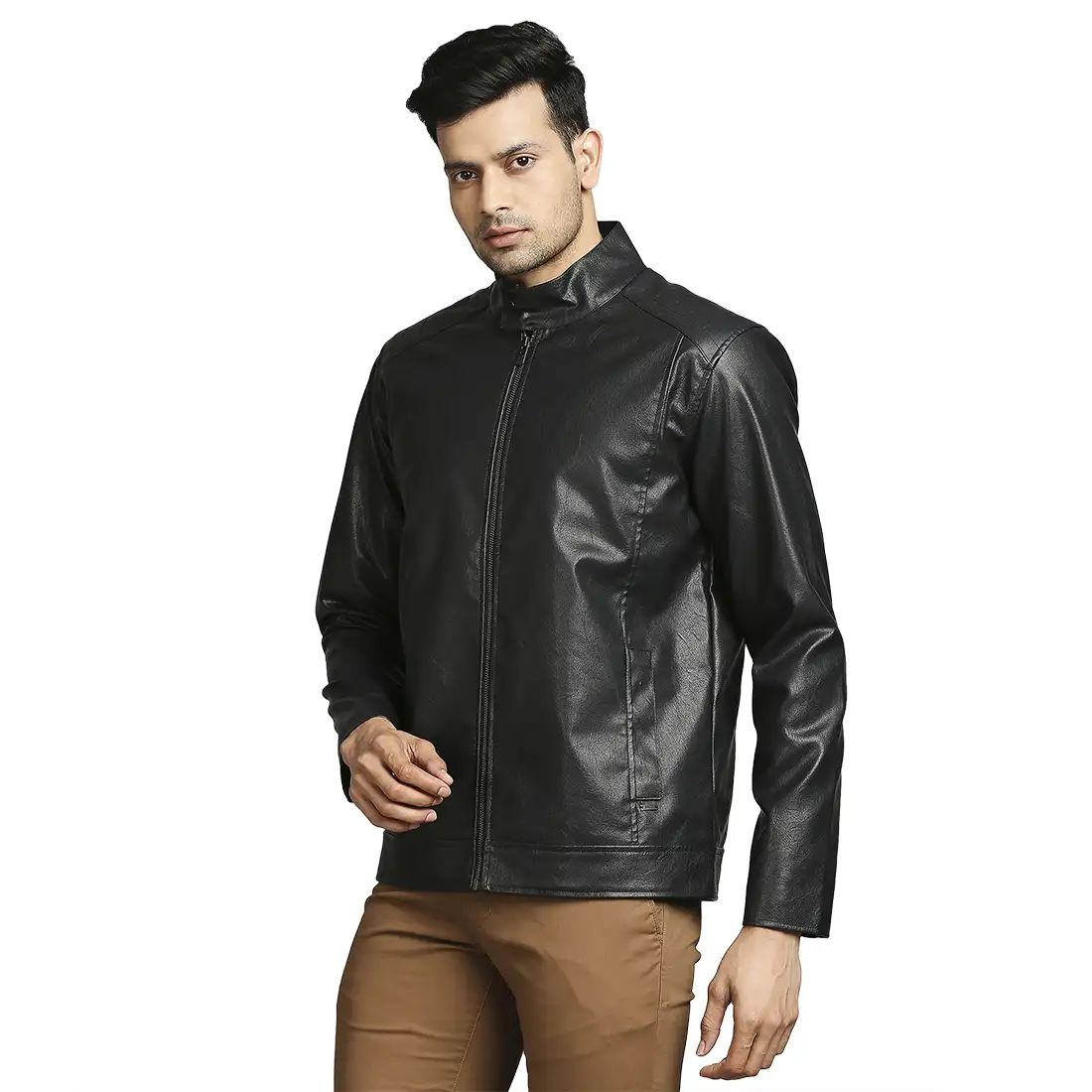 Men Black Solid Poly Urathane Full Sleeve Jackets - Image 3