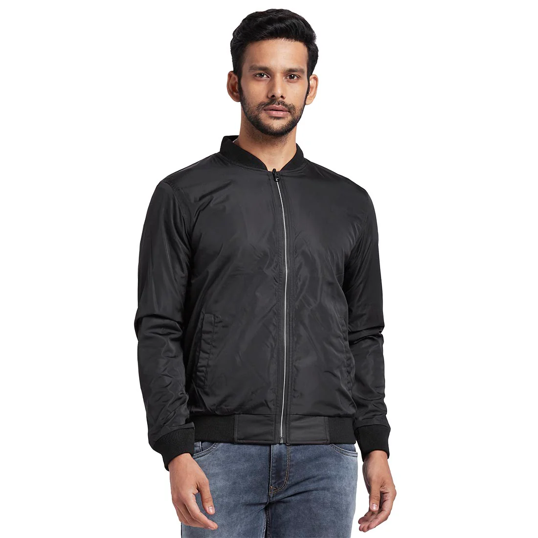 Men Black Solid Polyester Full Sleeve Jackets