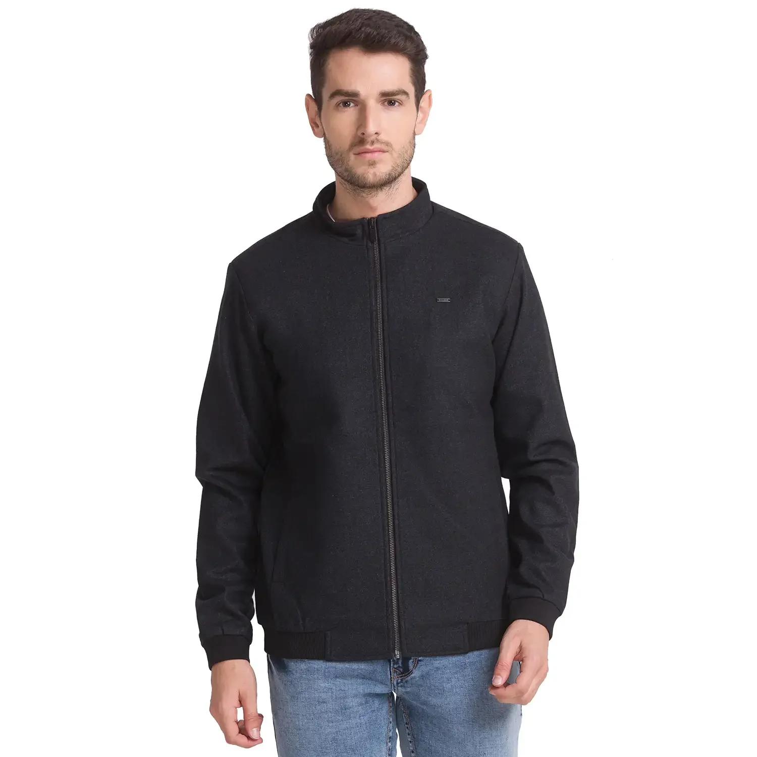 Men Black Solid Polyester Full Sleeve Jackets