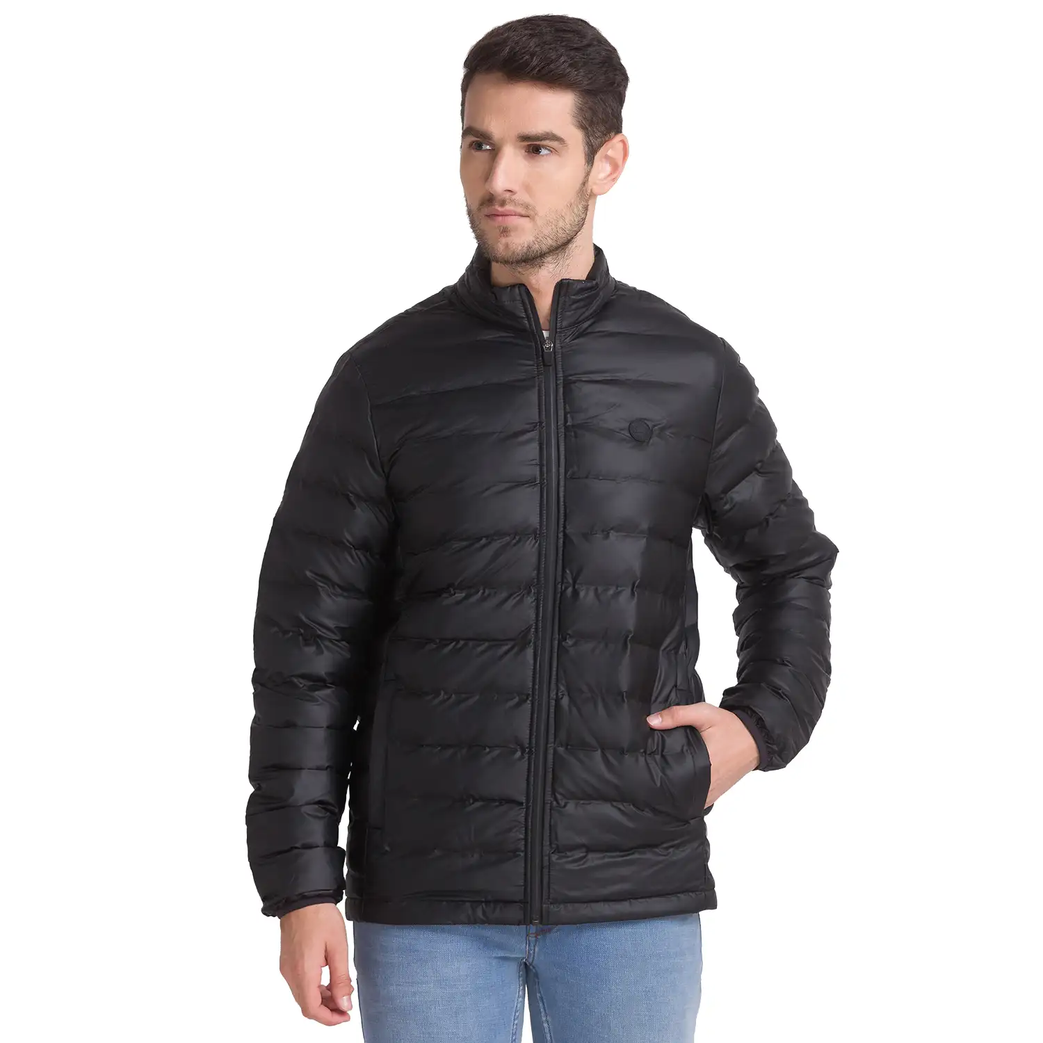 Men Black Solid Polyester Full Sleeve Jackets