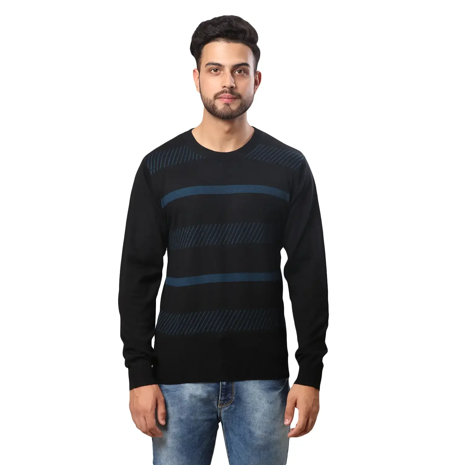 Men Black Stripe Acrylic Wool Blend Round Collar Sweaters