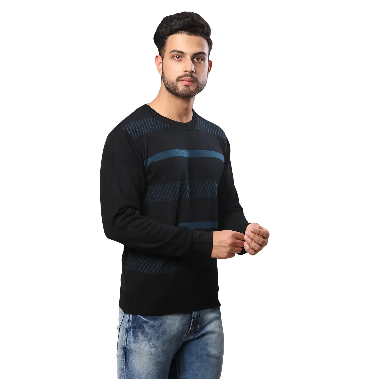 Men Black Stripe Acrylic Wool Blend Round Collar Sweaters - Image 2