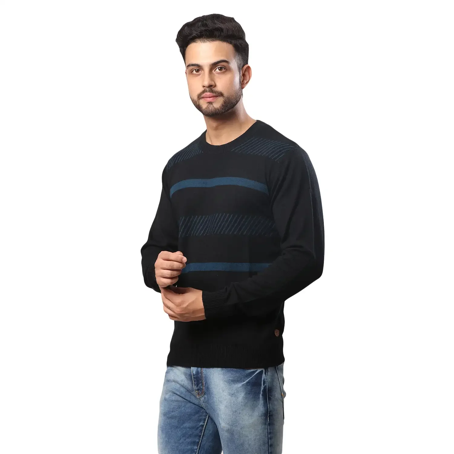 Men Black Stripe Acrylic Wool Blend Round Collar Sweaters - Image 3
