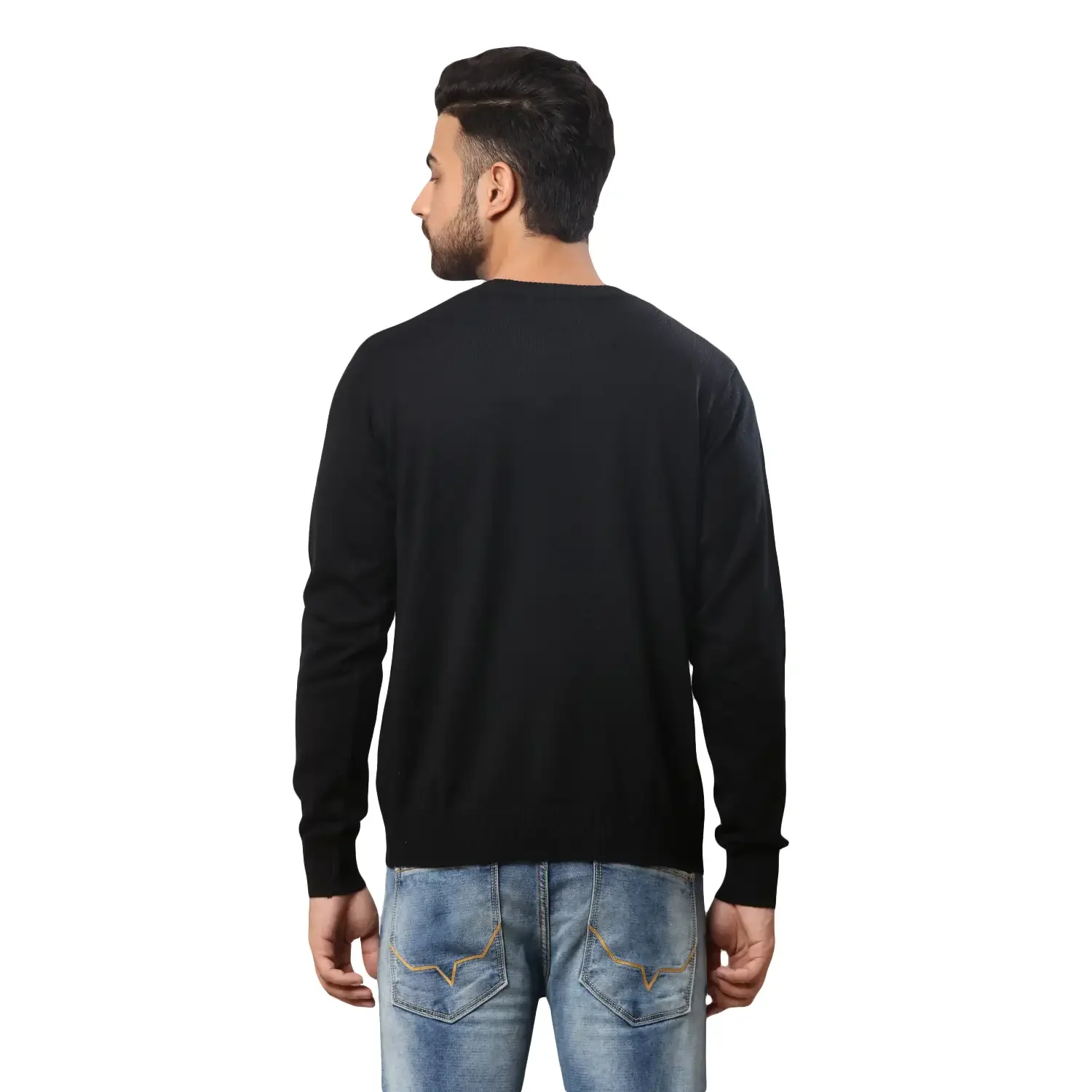 Men Black Stripe Acrylic Wool Blend Round Collar Sweaters - Image 4