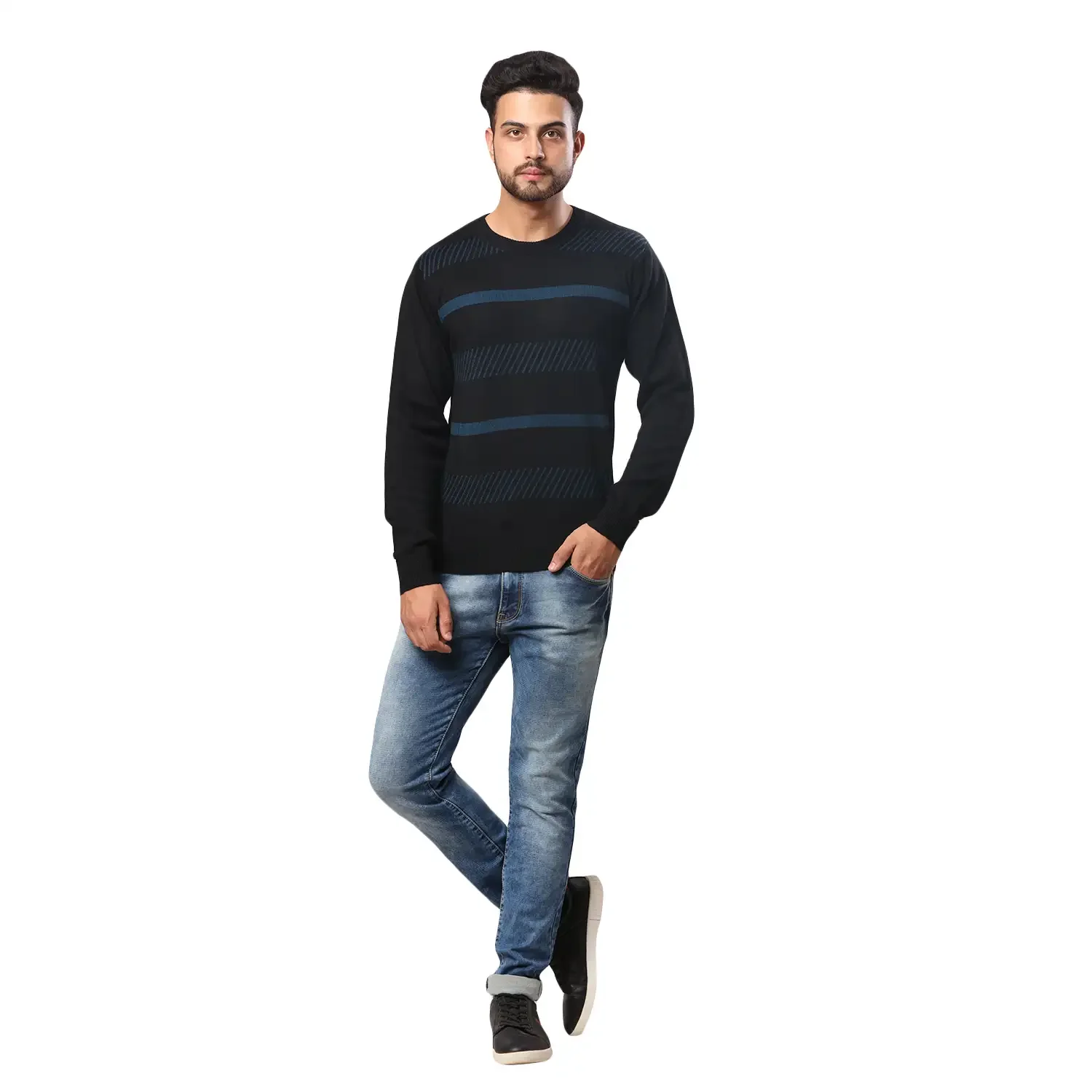 Men Black Stripe Acrylic Wool Blend Round Collar Sweaters - Image 5