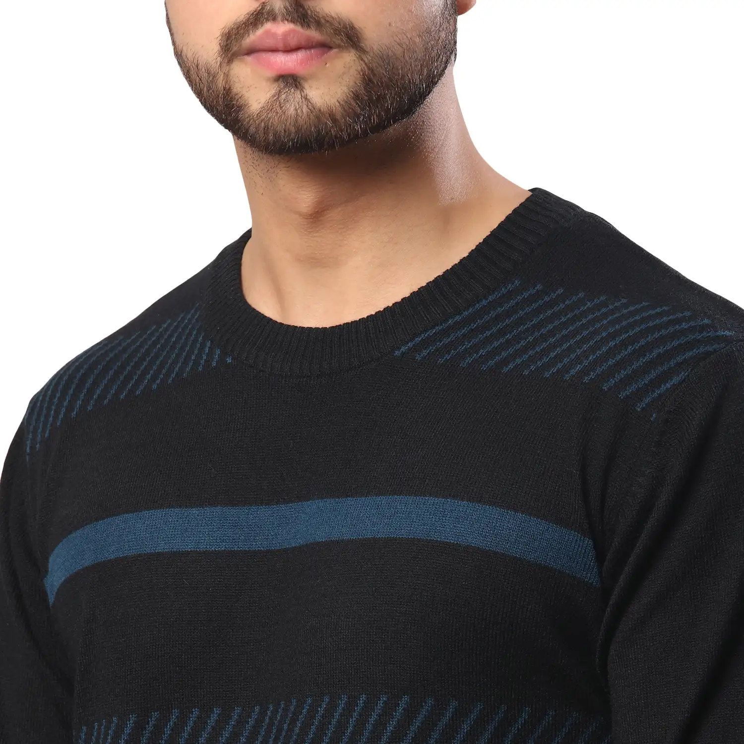 Men Black Stripe Acrylic Wool Blend Round Collar Sweaters - Image 6