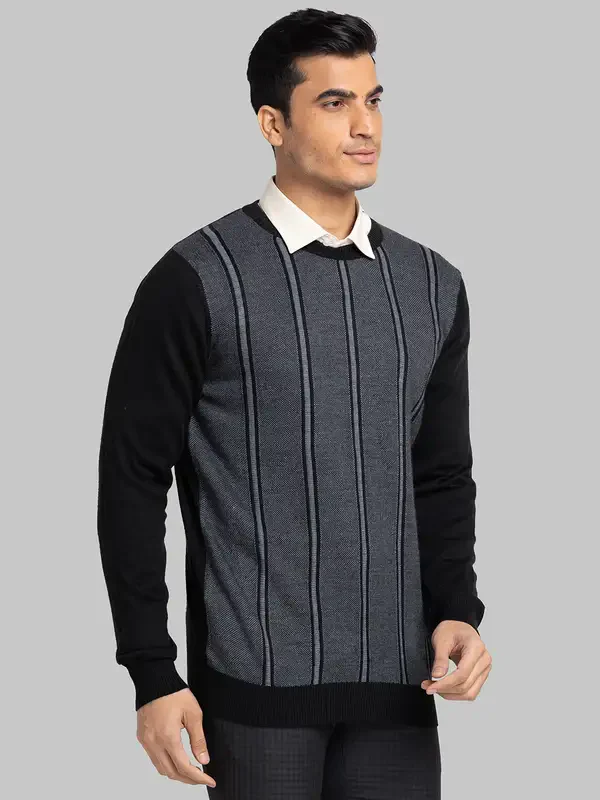 Men Black Stripe Acrylic Wool Blend Round Collar Sweaters - Image 2