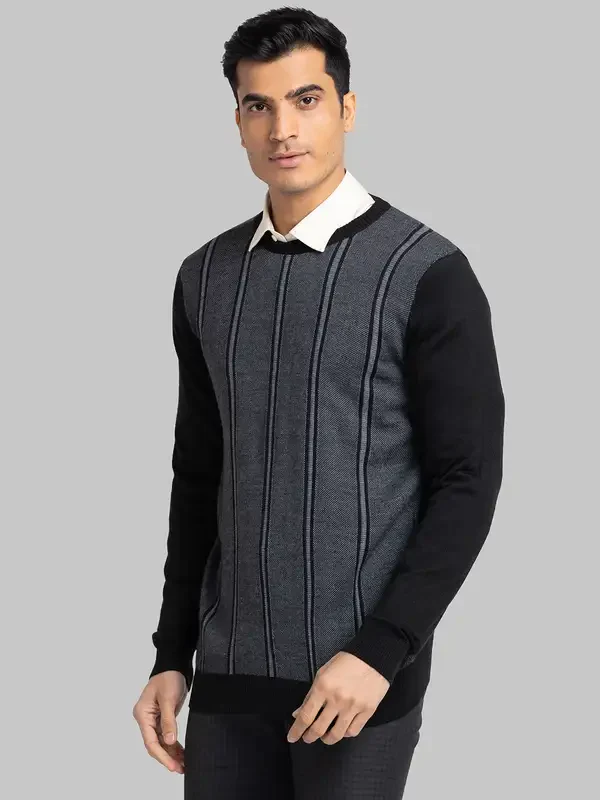 Men Black Stripe Acrylic Wool Blend Round Collar Sweaters - Image 3