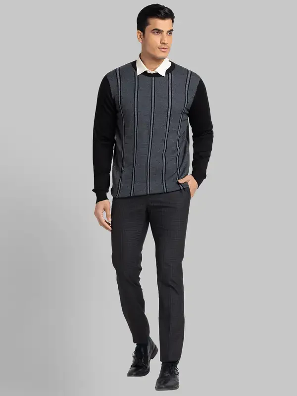 Men Black Stripe Acrylic Wool Blend Round Collar Sweaters - Image 5