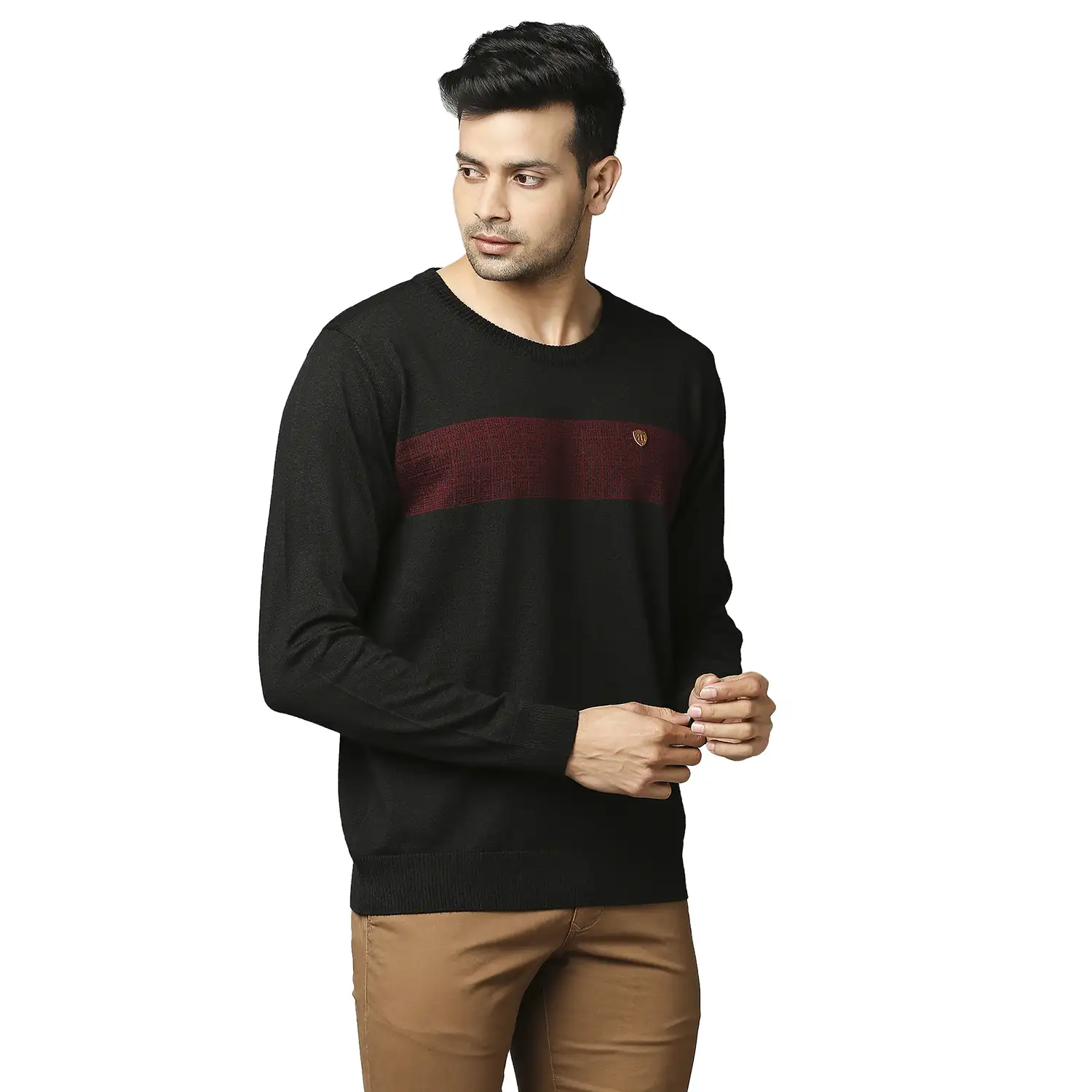 Men Black Stripe Acrylic Wool Blend Round Collar Sweaters - Image 2