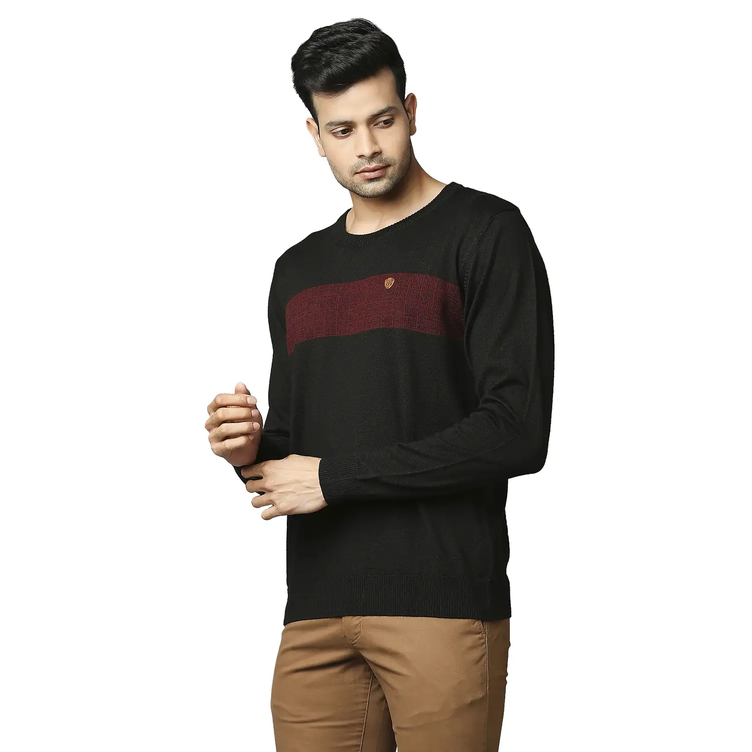 Men Black Stripe Acrylic Wool Blend Round Collar Sweaters - Image 3