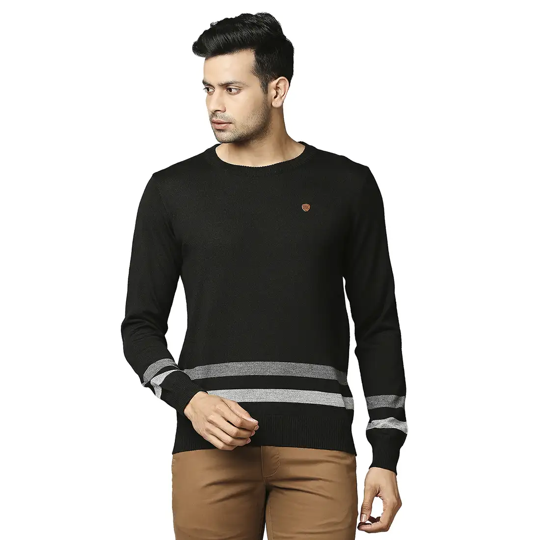 Men Black Stripe Acrylic Wool Blend Round Collar Sweaters