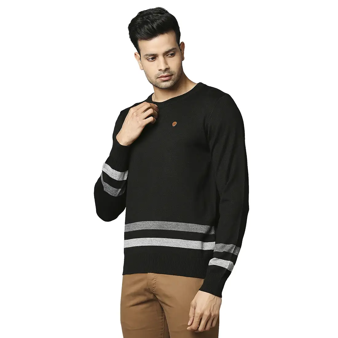 Men Black Stripe Acrylic Wool Blend Round Collar Sweaters - Image 3
