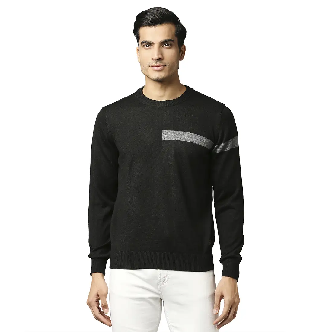Men Black Stripe Acrylic Wool Blend Round Collar Sweaters