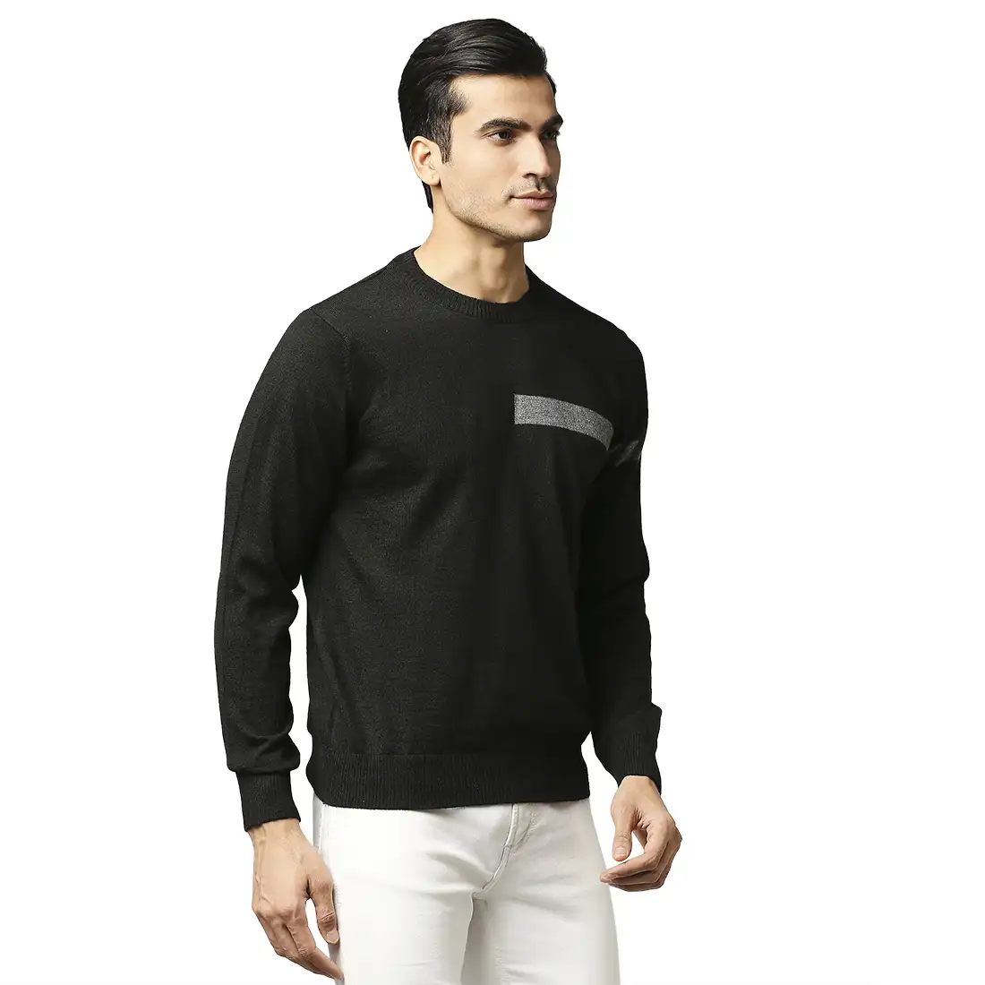 Men Black Stripe Acrylic Wool Blend Round Collar Sweaters - Image 2