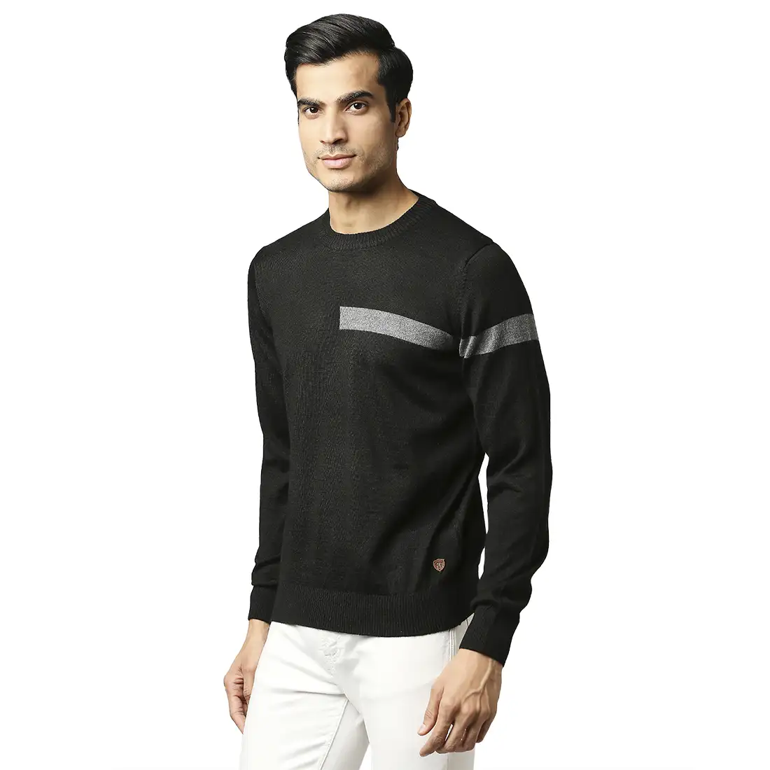 Men Black Stripe Acrylic Wool Blend Round Collar Sweaters - Image 3