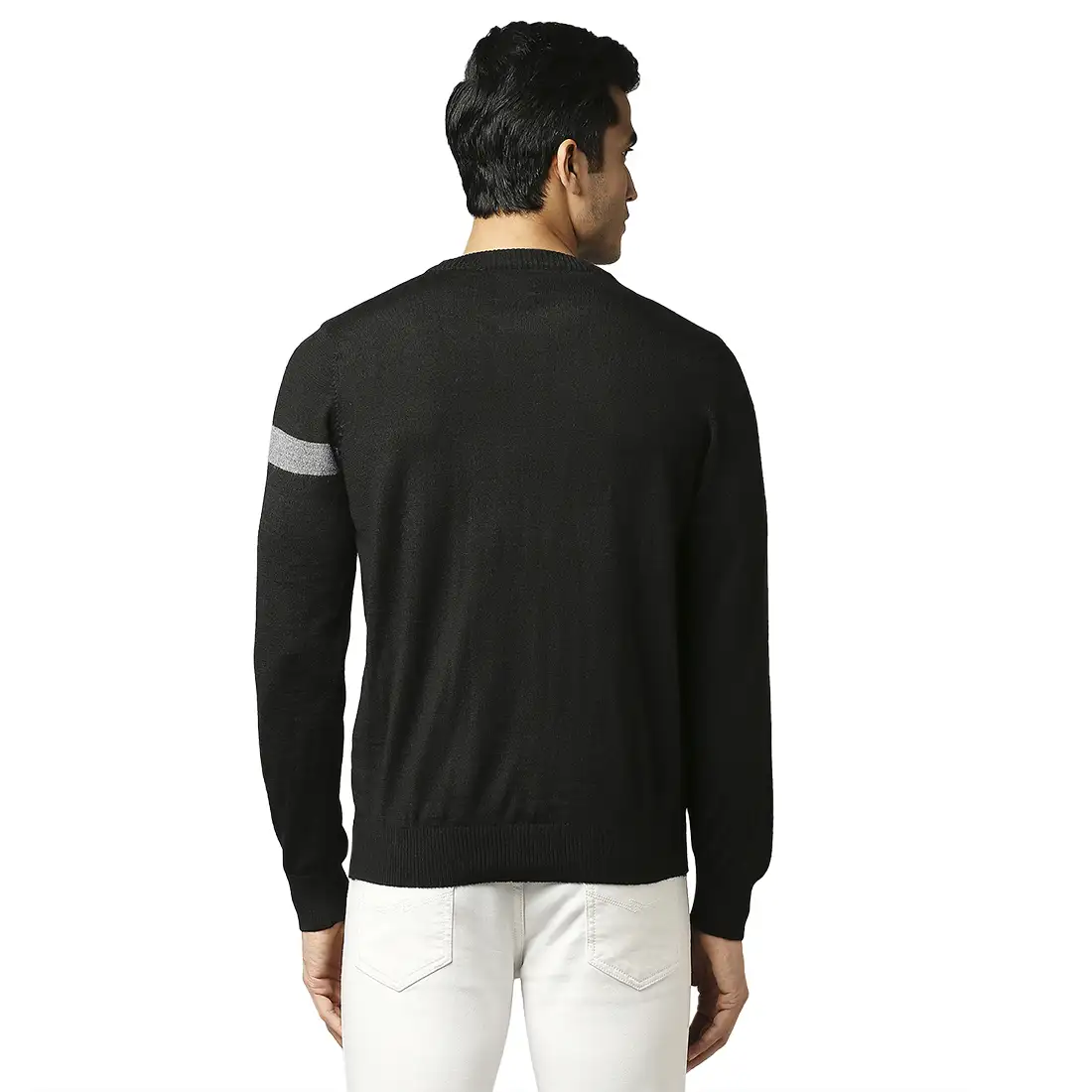 Men Black Stripe Acrylic Wool Blend Round Collar Sweaters - Image 4