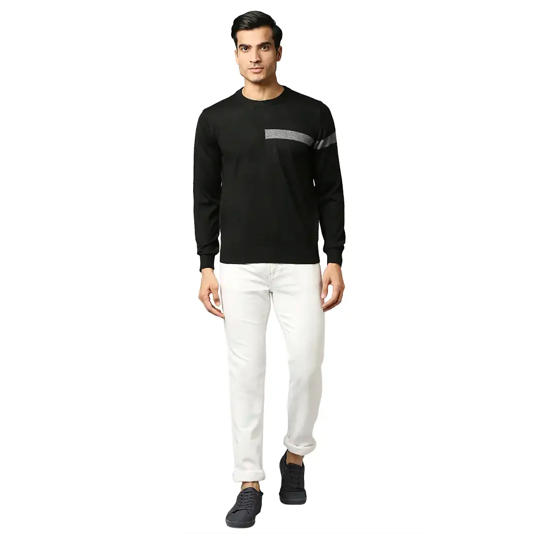 Men Black Stripe Acrylic Wool Blend Round Collar Sweaters - Image 5