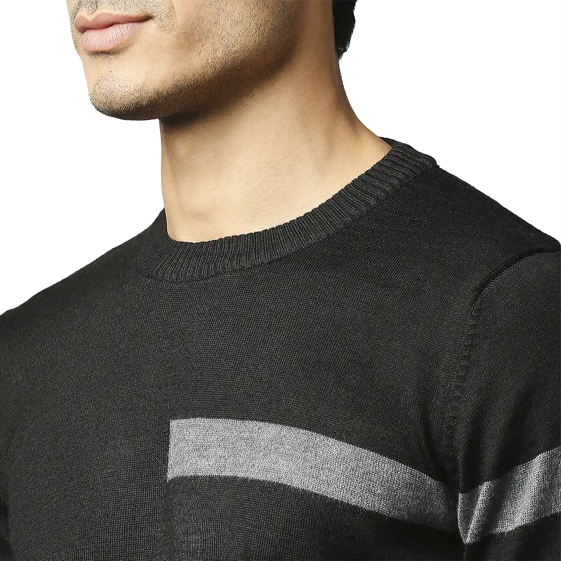 Men Black Stripe Acrylic Wool Blend Round Collar Sweaters - Image 6