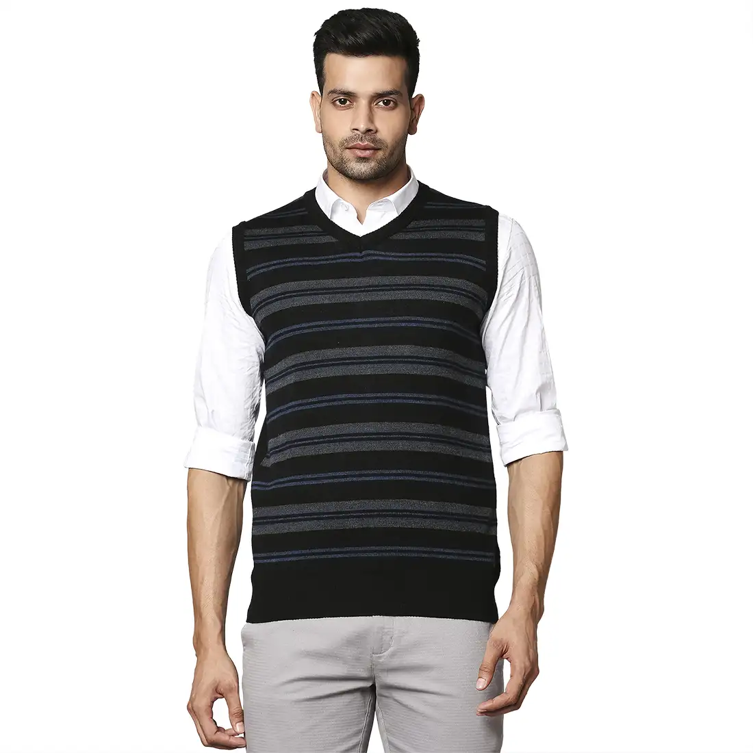 Men Black Stripe Wool Blend V Neck Collar Sweaters