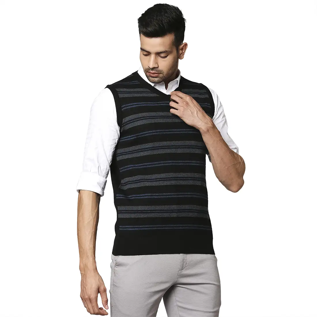 Men Black Stripe Wool Blend V Neck Collar Sweaters - Image 2