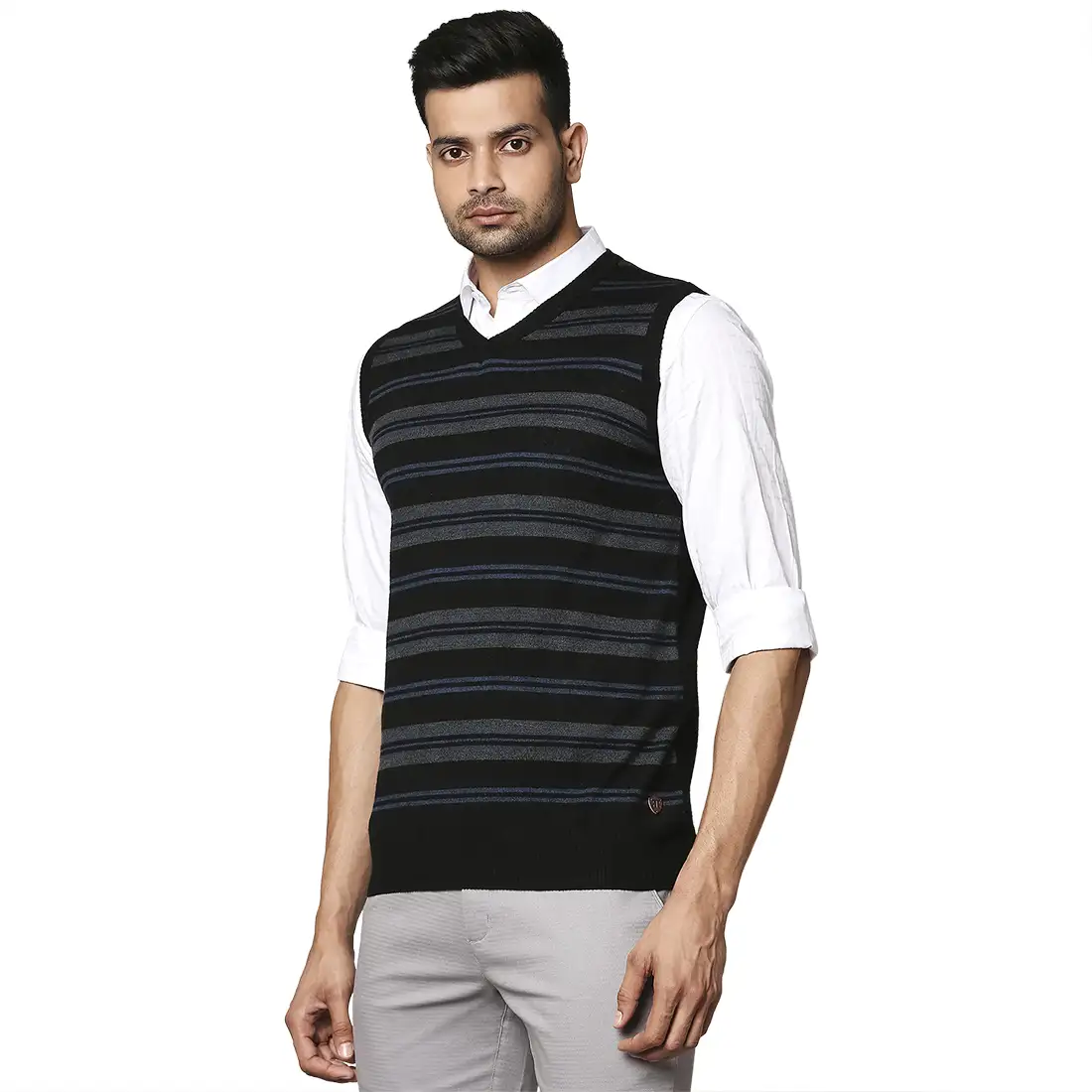 Men Black Stripe Wool Blend V Neck Collar Sweaters - Image 3