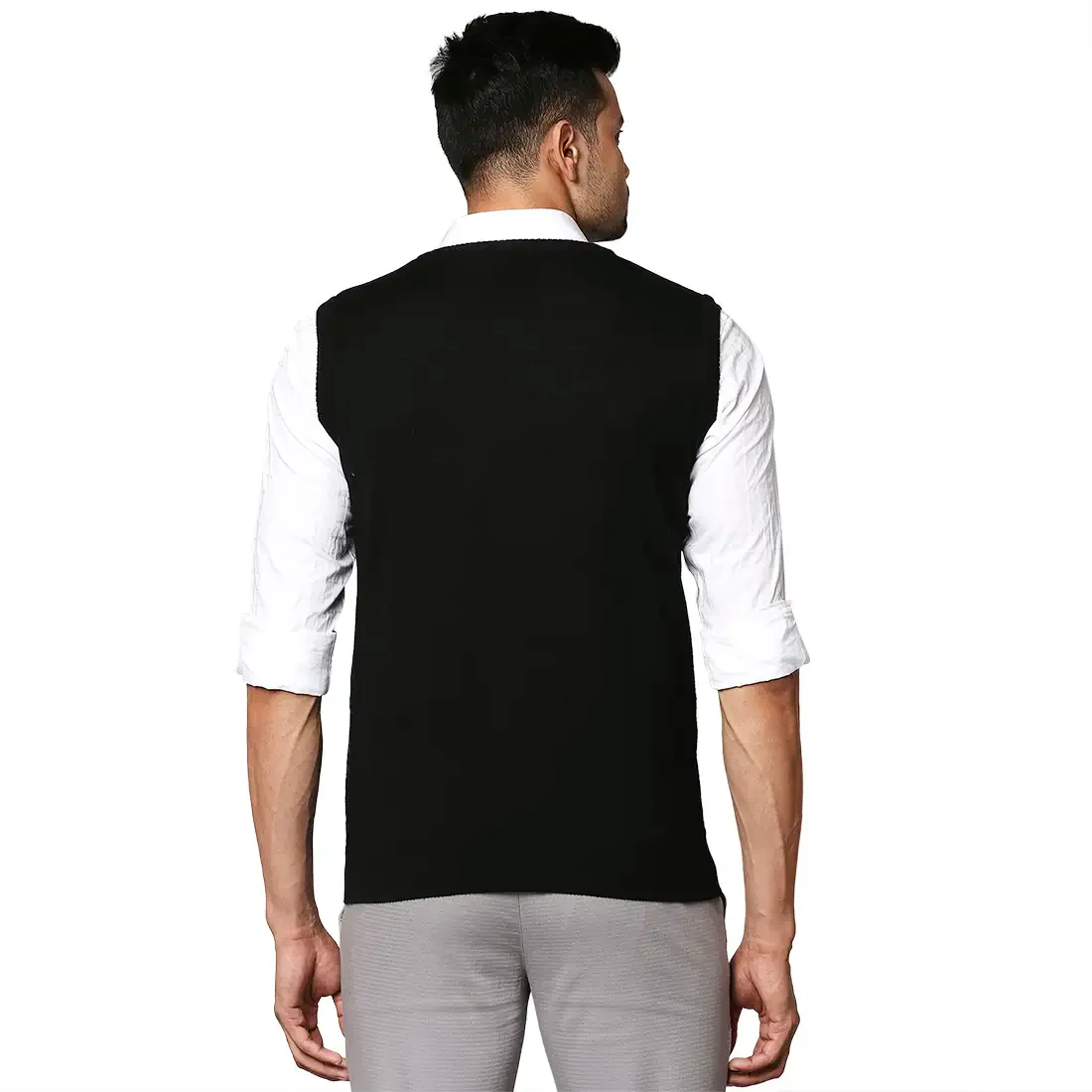 Men Black Stripe Wool Blend V Neck Collar Sweaters - Image 4