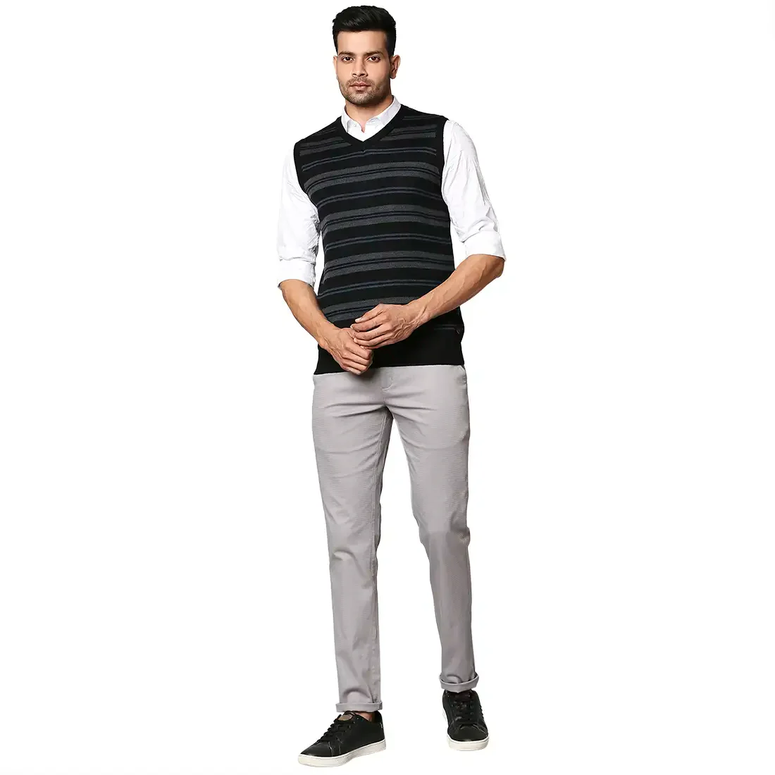Men Black Stripe Wool Blend V Neck Collar Sweaters - Image 5