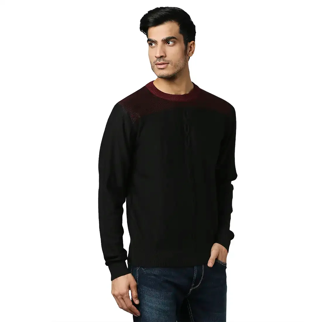 Men Black Structure Cable Acrylic Wool Blend Round Collar Sweaters - Image 2