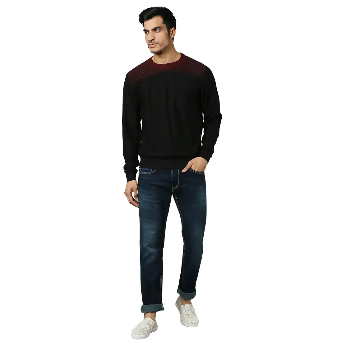 Men Black Structure Cable Acrylic Wool Blend Round Collar Sweaters - Image 5