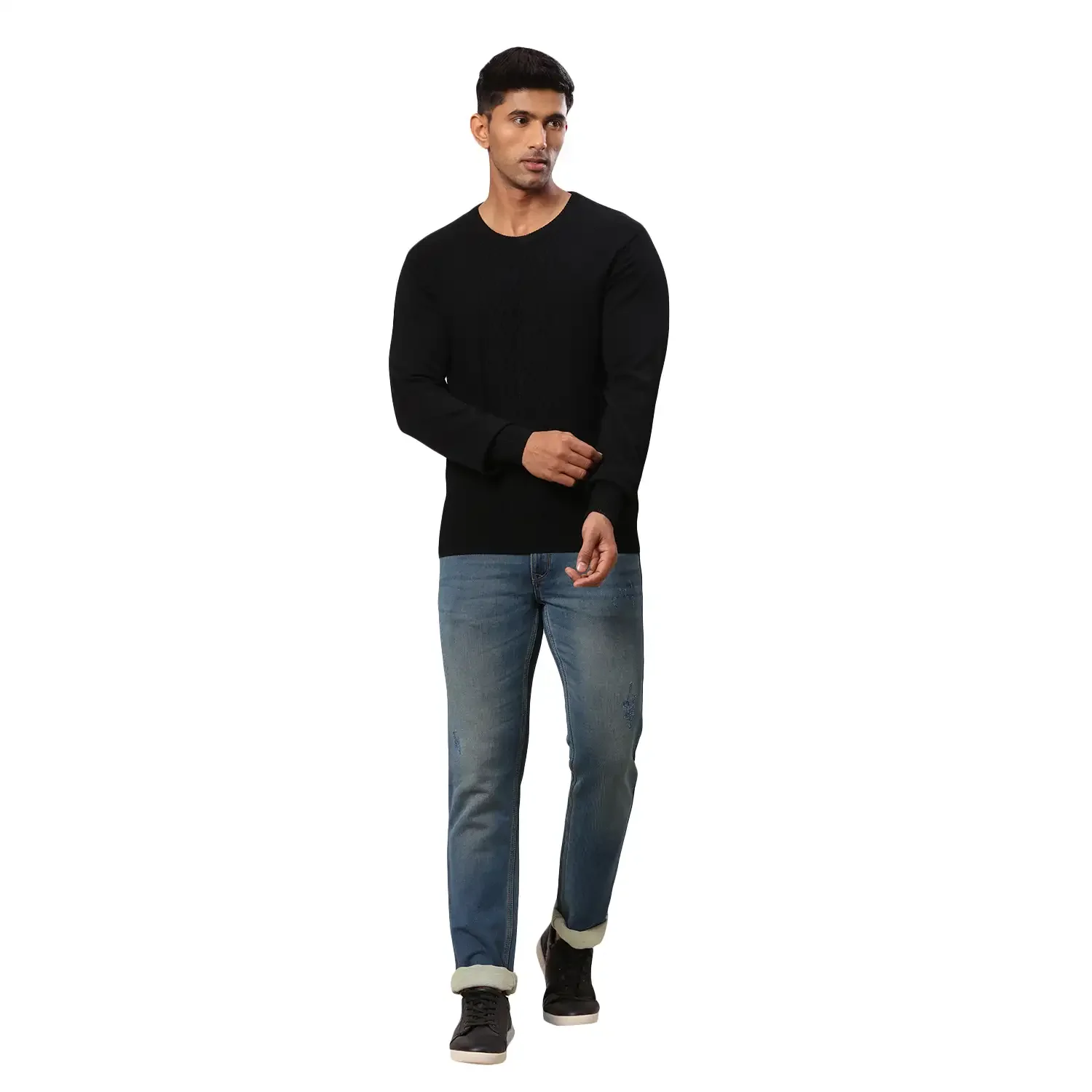 Men Black Structure Cable Acrylic Wool Blend Round Collar Sweaters - Image 5
